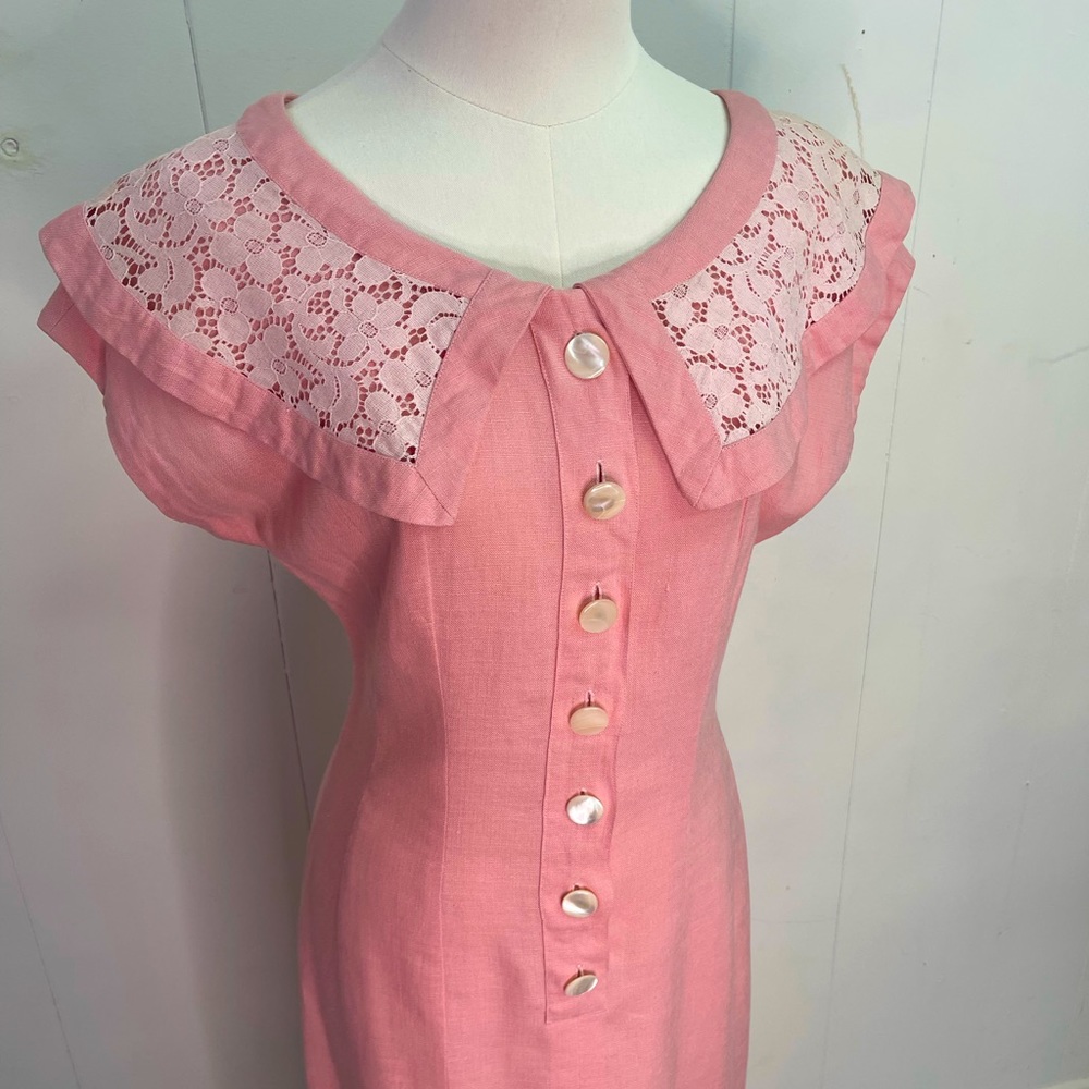 Vintage 1940s Linen Tea Dress lace collar